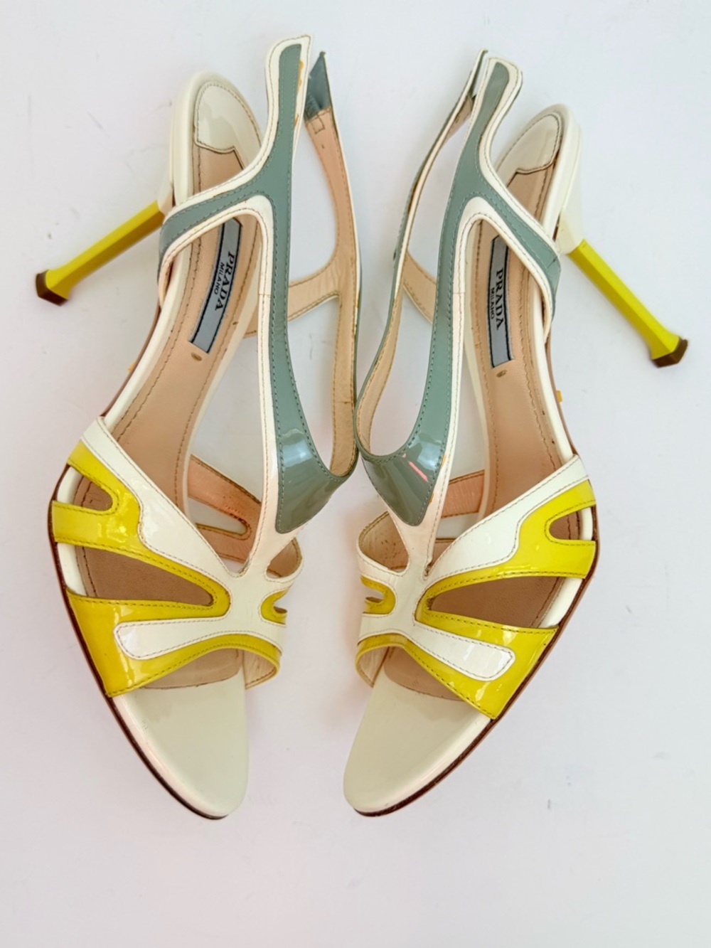 Prada 2012 Hot Rod Flame Patent Cutout Slingback Heels 38 Ivory Yellow Sage - Picture 5 of 13